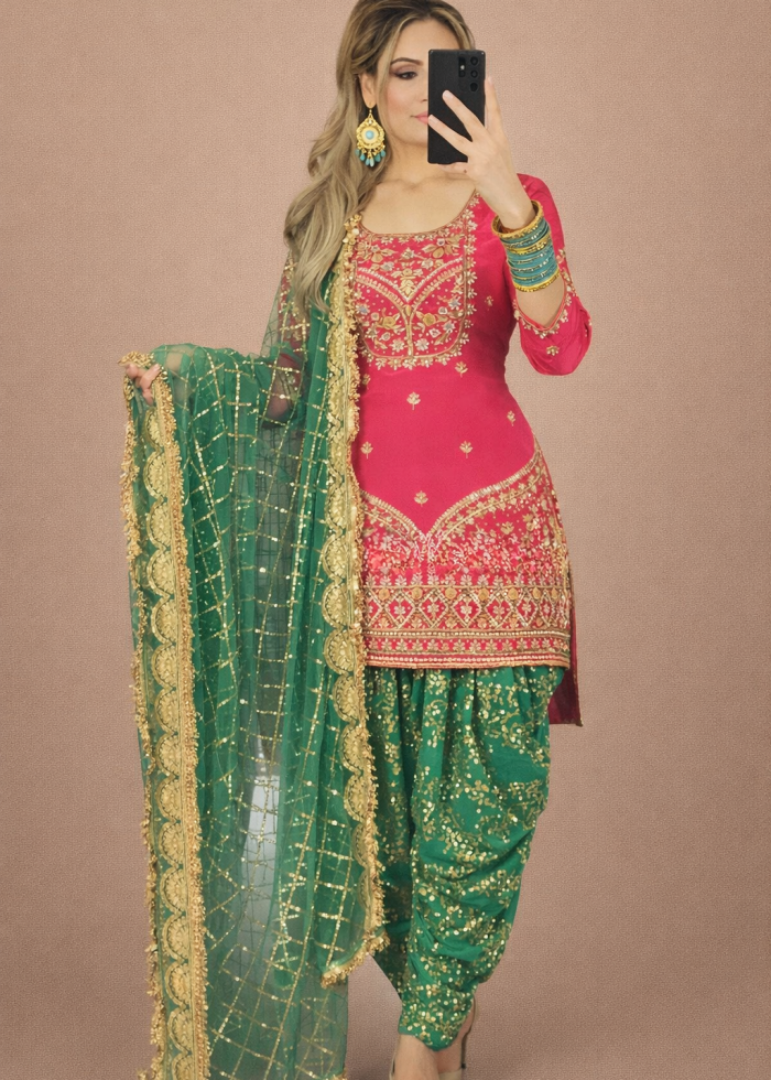 ATTRACTIVE WEDDING RECEPTION WEAR GEORGETTE TOP , DHOTI AND DUPATTA